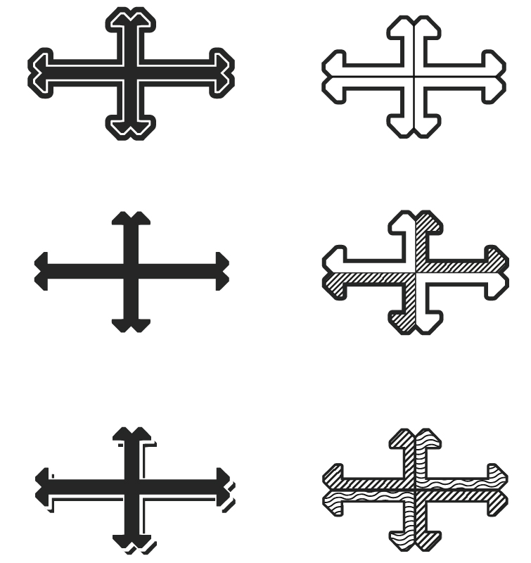 Zes schetsen van verschillende versies van moderne ankerkruizen