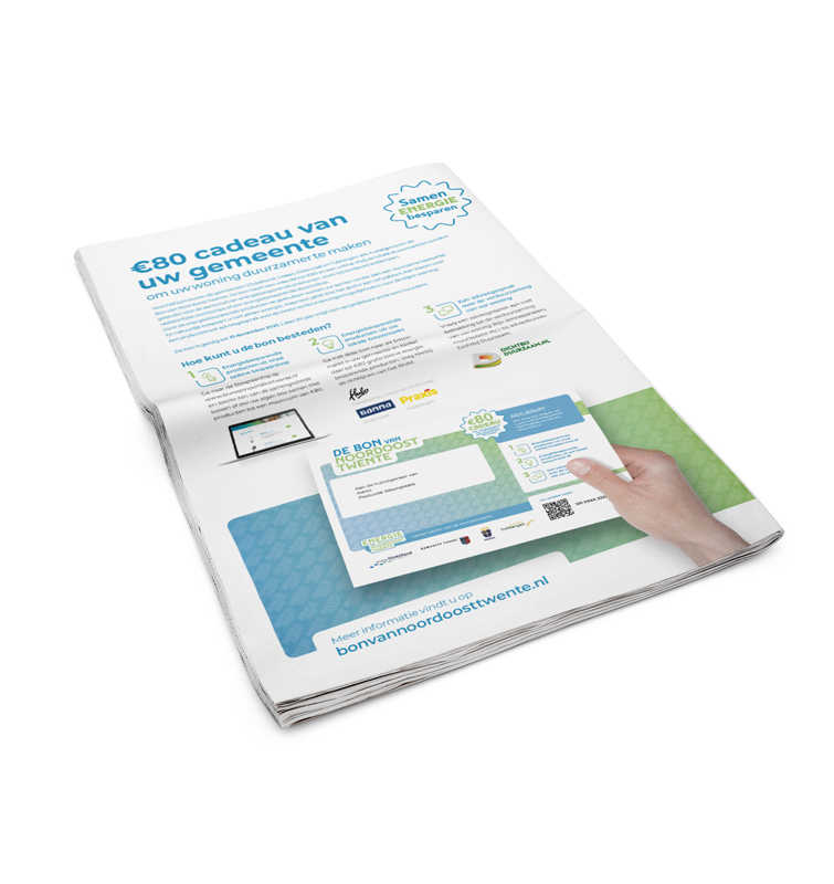 Krant met informatie over de bon van Noordoost Twente met een voorbeeld van hoe de bon eruit ziet