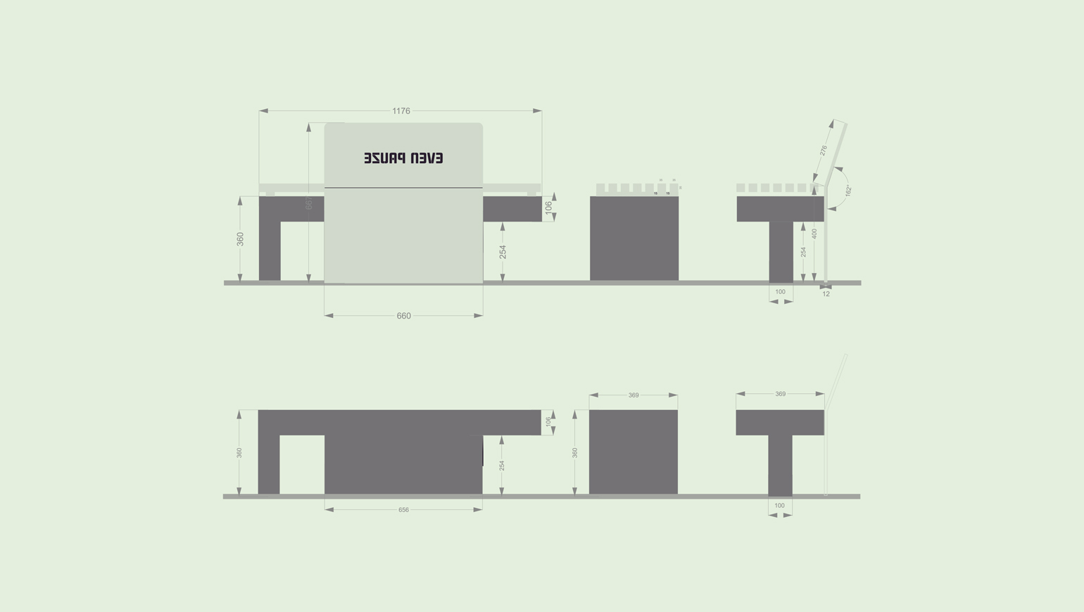 Ontwerp van een bankje met de bijbehorende afmetingen
