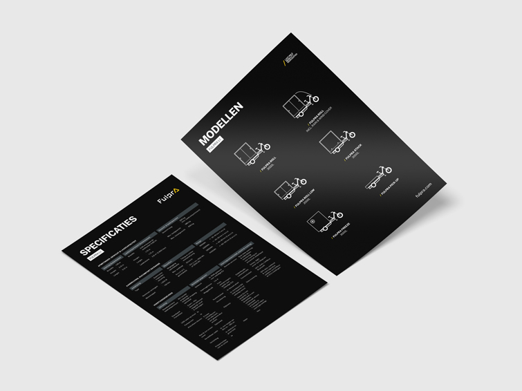 Een zwart papier met daarop de specificaties van de Fulpra en een zwart papier met daarop de verschillende Fulpra modellen