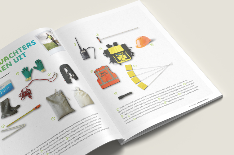 Magazine opengevouwen met op de bladzijdes de tools die een waterwerker gebruikt getoond