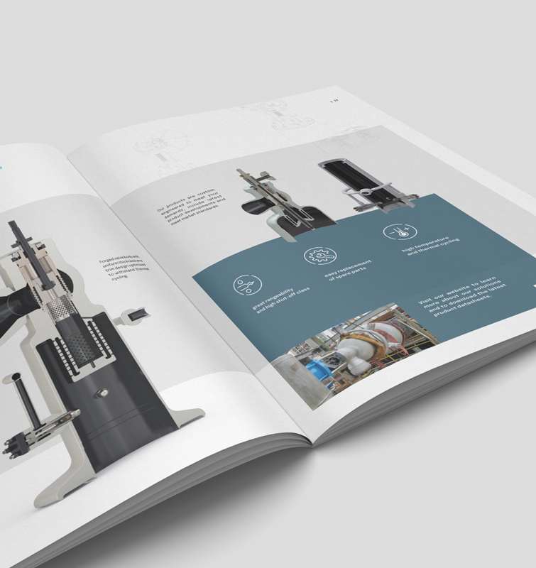 Opengevouwen brochure van HP Valves met tekst een afbeelding van de binnenkant van een ventiel op de bladzijdes