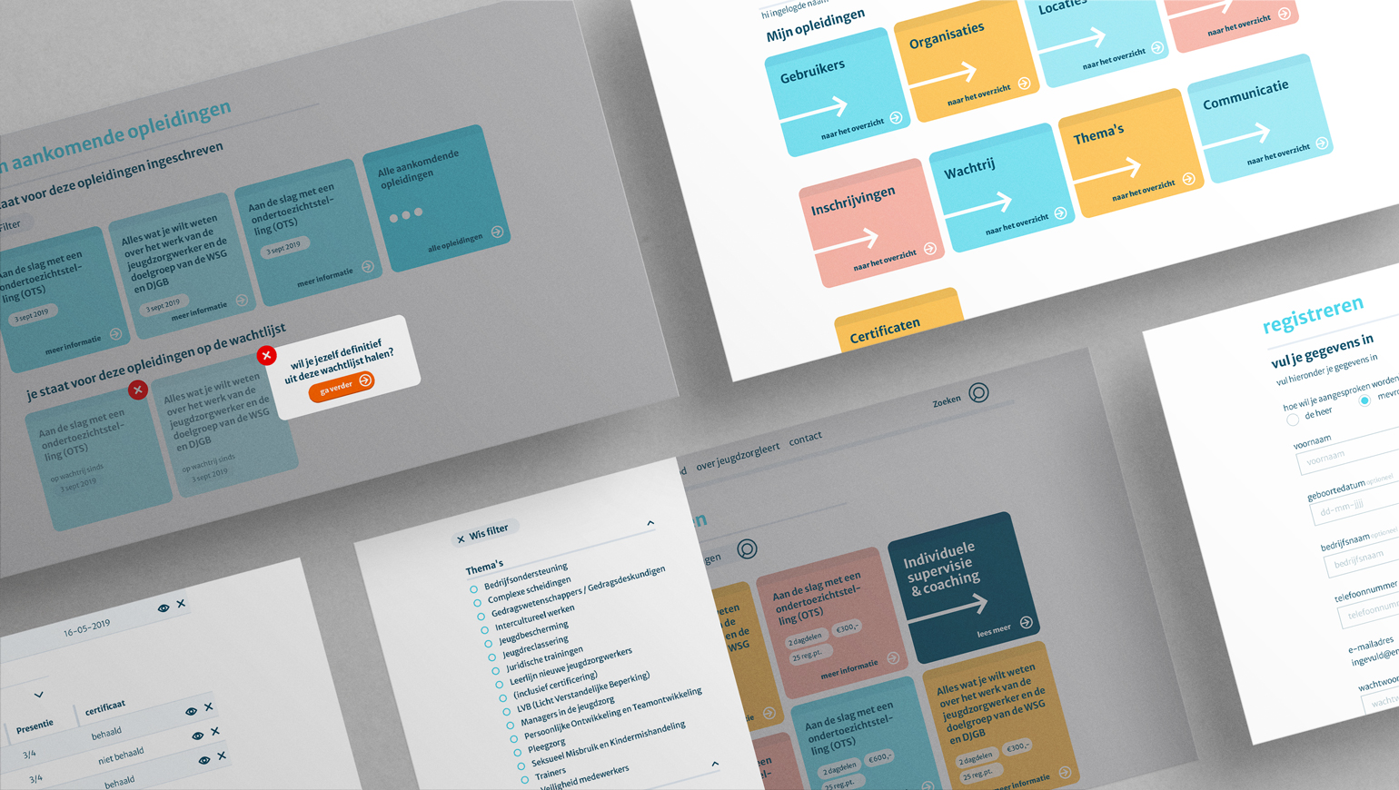 Voorbeelden van het platform Jeugdzorgleert: een overzicht van de opleidingen en aankomende opleidingen, de registratiepagina en een thema lijst