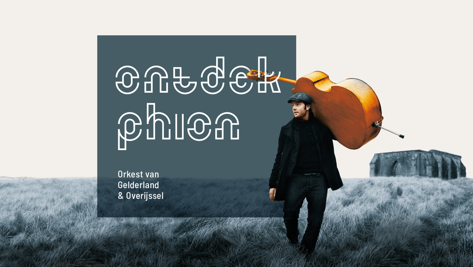 Man loopt met instrument door een weiland met de tekst: ontdek phion, ervoor