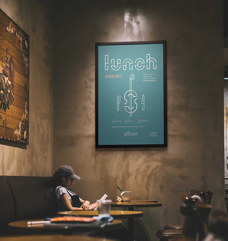 Reclamebord van Phion in een restaurant waar een vrouw een boek zit te lezen aan een tafel