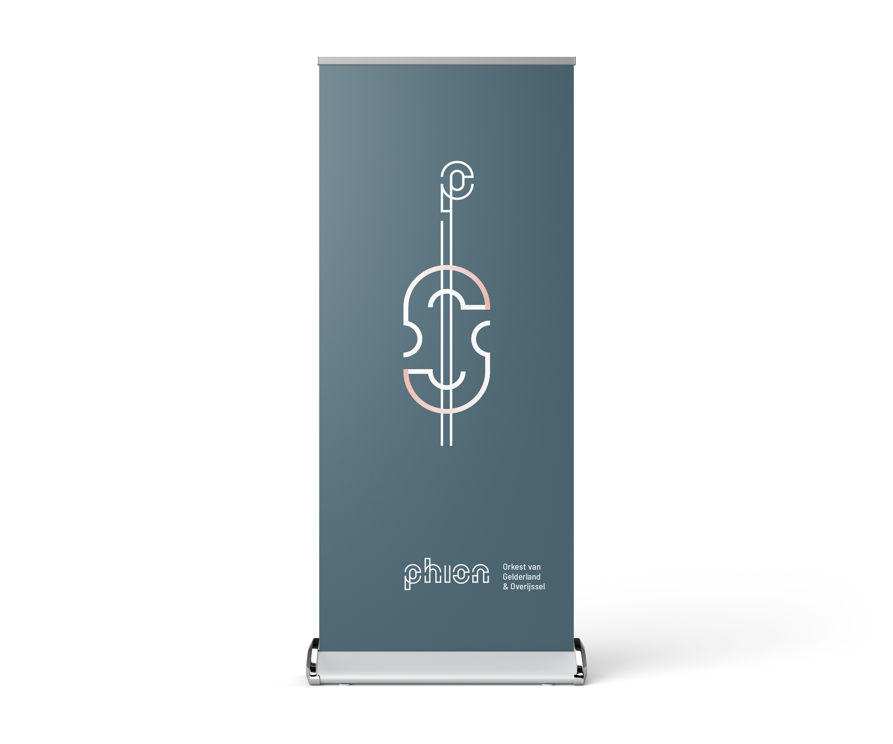 Donkerblauwe roll-up banner met een graphic van een viool in de huisstijl van Phion