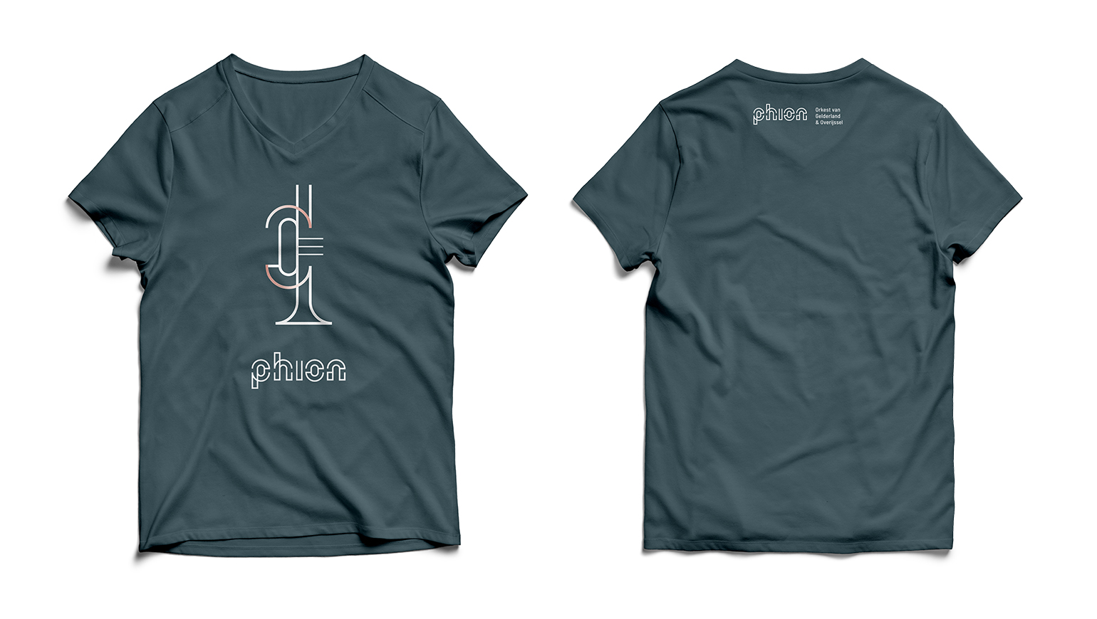 Shirt met op de voorkant een graphic van een trompet in de huisstijl van Phion en op de achterkant het logo van Phion