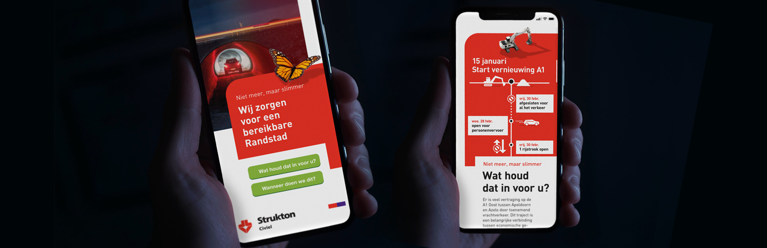 Twee handen die beide een mobiele telefoon vasthouden met daarop de site van Strukton