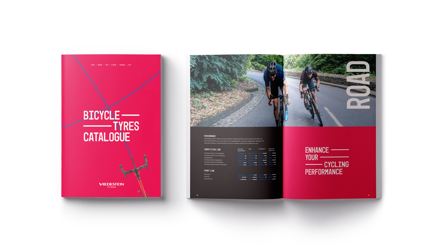 Dichte en opengevouwen catalogus van Vredestein over fietsbanden